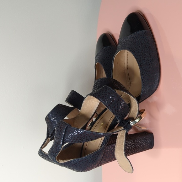 MARELLA Cap Toe Black Leather Block Heels Size 40/10 - Picture 8 of 16